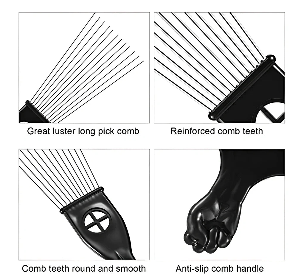 Metal styling comb with steel teeth and anti-slip handle for professional hair styling