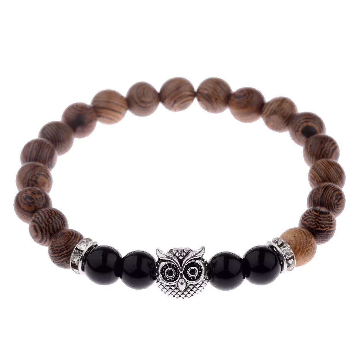 Owl frosted stone lifeline wood grain bracelet in black and gold, featuring wood beads and alloy stone