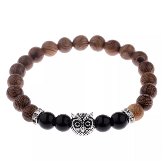 Owl frosted stone lifeline wood grain bracelet in black and gold, featuring wood beads and alloy stone