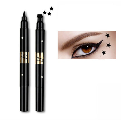 Double-headed black eyeliner with heart, moon, and pentagram stamp designs for creative makeup looks