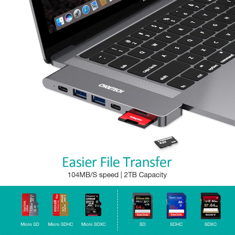 Black aluminium alloy USB C adapter with SD card slot, Thunderbolt 3, HDMI, and USB ports