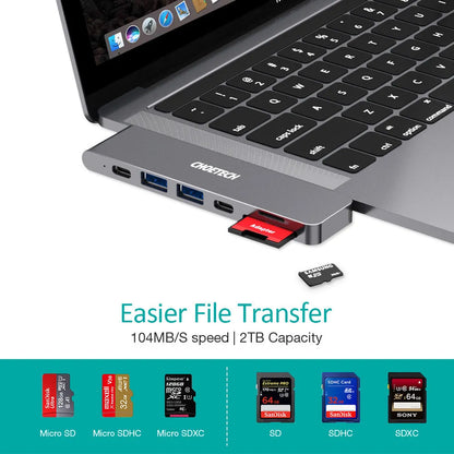 Black aluminium alloy USB C adapter with SD card slot, Thunderbolt 3, HDMI, and USB ports