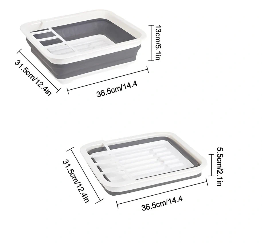 Grey folding kitchen dish rack showing collapsed flat position and separate utensil compartment