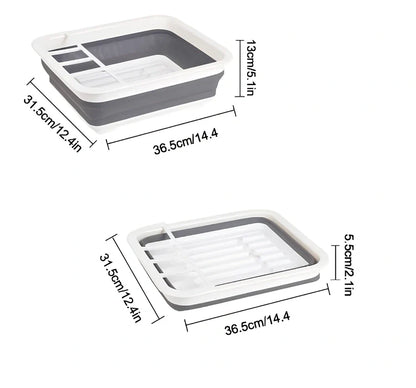 Grey folding kitchen dish rack showing collapsed flat position and separate utensil compartment