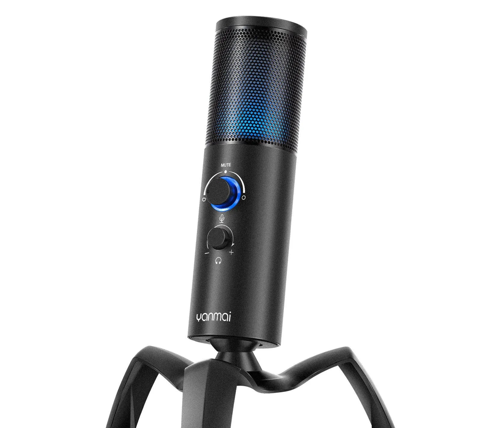 Black Q18 condenser microphone with RGB lighting on adjustable metal tripod for home recording