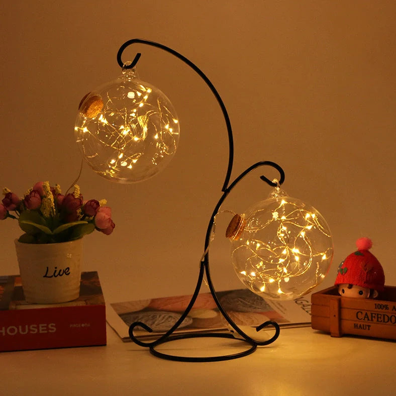 LED Wishing Bottle with 12cm glass container, wooden cork, and iron frame with copper wire detailing