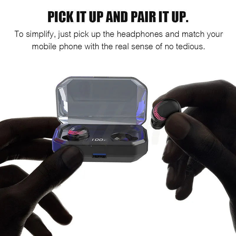 Black X10 Bluetooth headset with charging bin, showing compact 150x100x40mm size and lightweight design