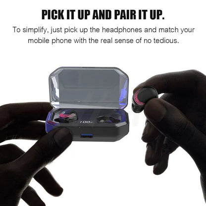 Black X10 Bluetooth headset with charging bin, showing compact 150x100x40mm size and lightweight design