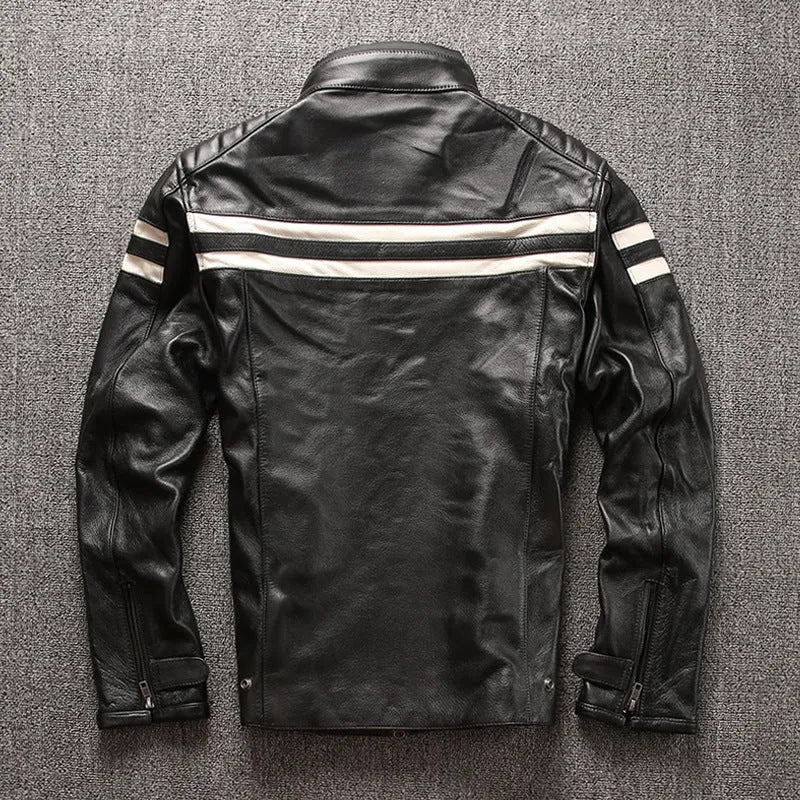 Motorcycle leather jacket in black cowhide with stand-up collar and multiple pockets, size S-3XL.