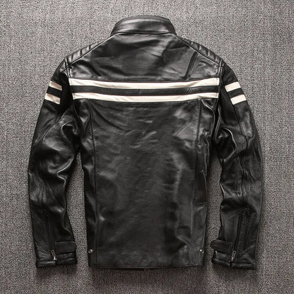 Motorcycle leather jacket in black cowhide with stand-up collar and multiple pockets, size S-3XL.