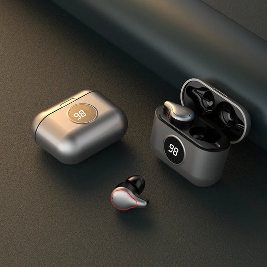 Black in-ear Bluetooth headset with silicone ear tips, showing bilateral design for stereo sound