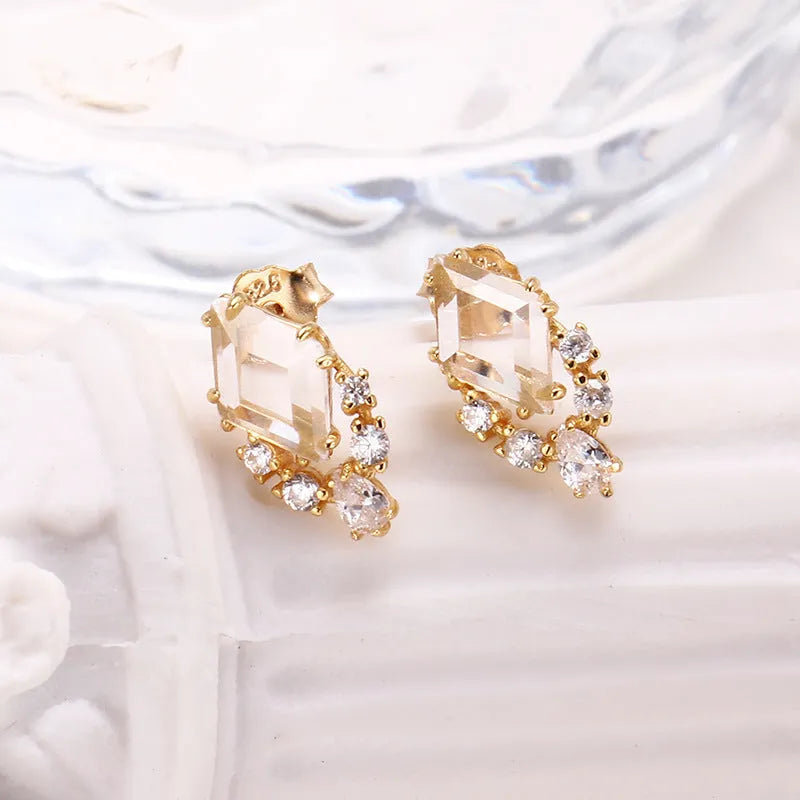 925 sterling silver geometric ear studs with sweet white crystal centrepiece