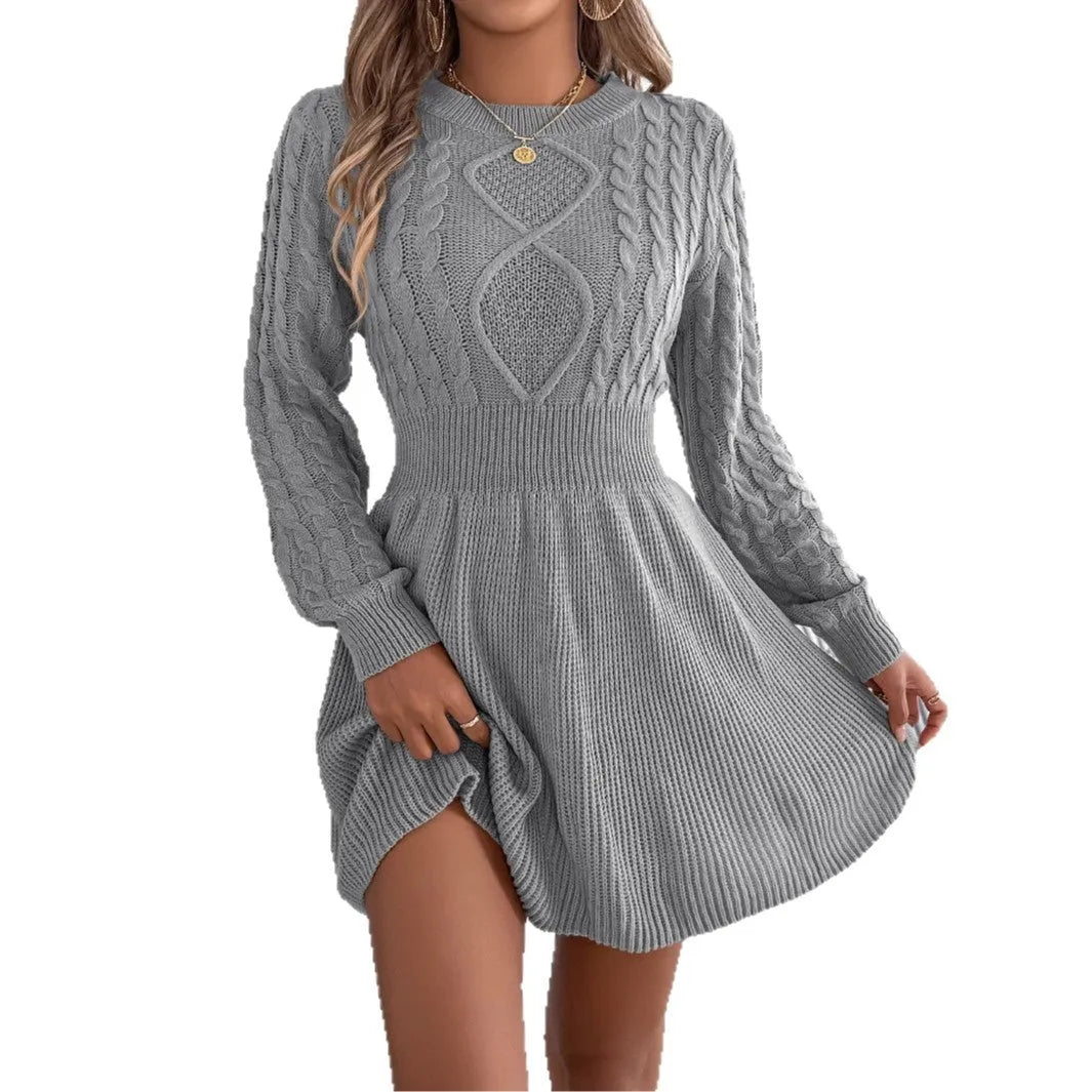 Lantern sleeve sweater dress with elastic waist in solid colour