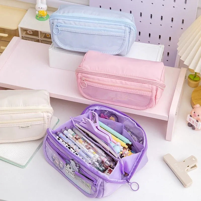 Korean-style canvas pencil case with ten-layer flip design, available in six colours including Girl Pink and Space Blue, offering organised storage for pens and stationery essentials.
