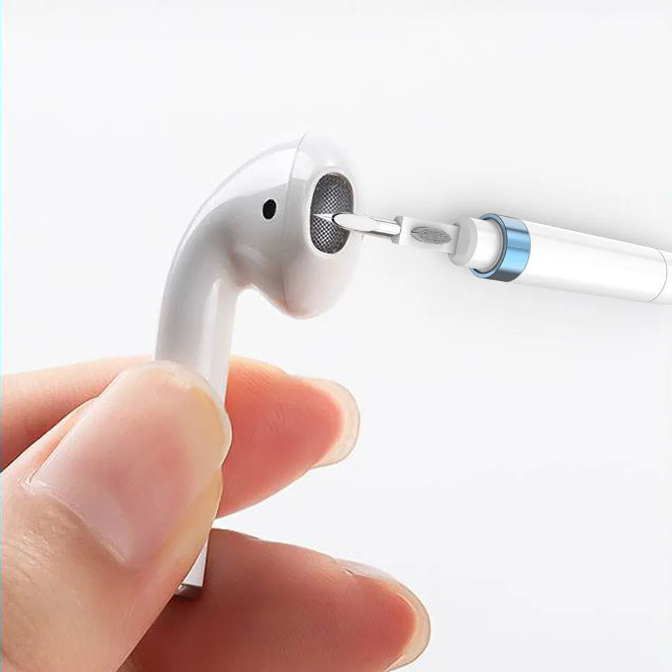 Blue electronics cleaning pen with metal nib, brush, and sponge for cleaning earbuds and phones
