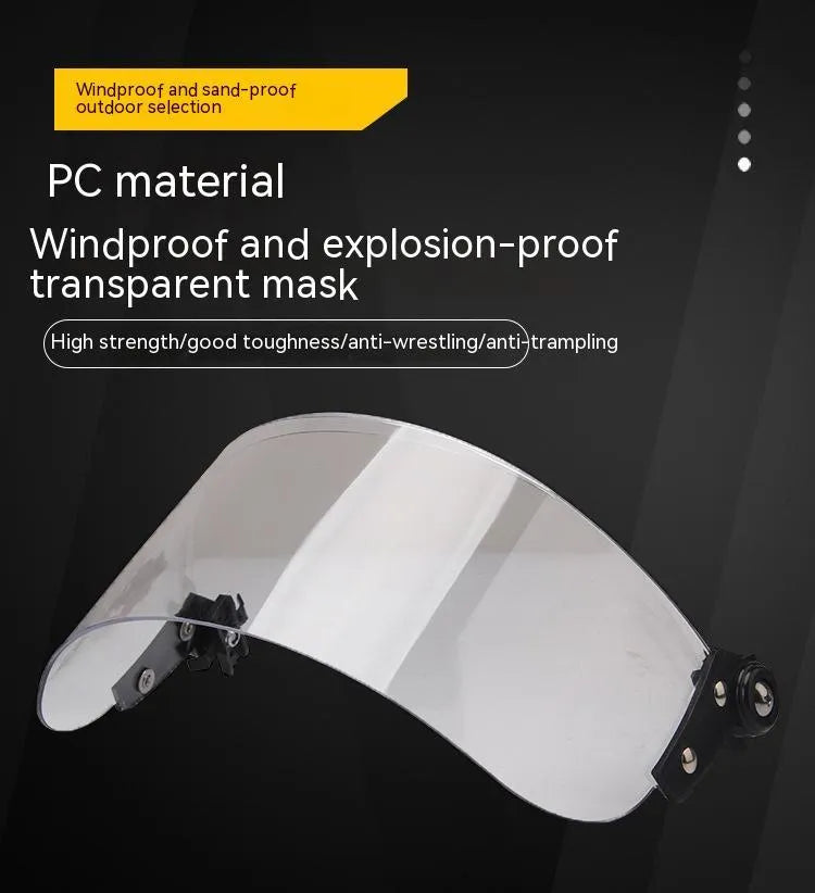Transparent polycarbonate face shield helmet attachment with guide rail mount measuring 30cm by 15cm