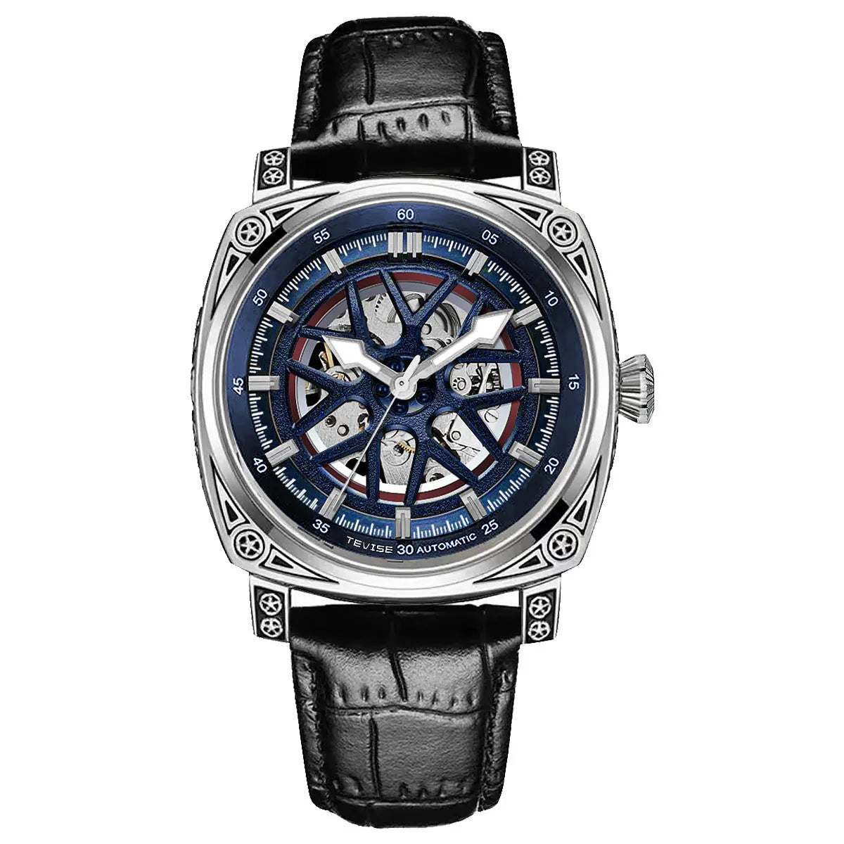 Stainless steel automatic mechanical men's watch with leather strap, 14mm thickness, available in blue, black, rose white, and white with black belt colours.