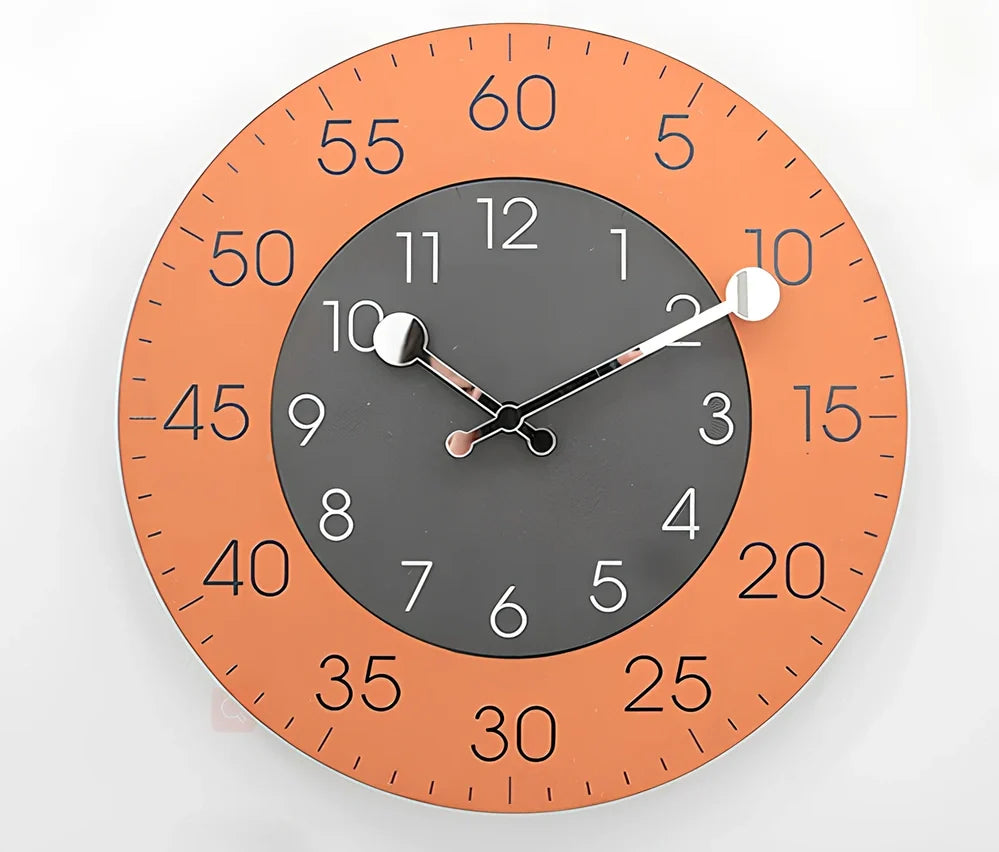 Round decorative wall clock with 30cm diameter in blue, green, grey, orange, red, or yellow colour options