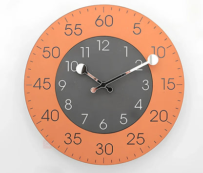 Round decorative wall clock with 30cm diameter in blue, green, grey, orange, red, or yellow colour options