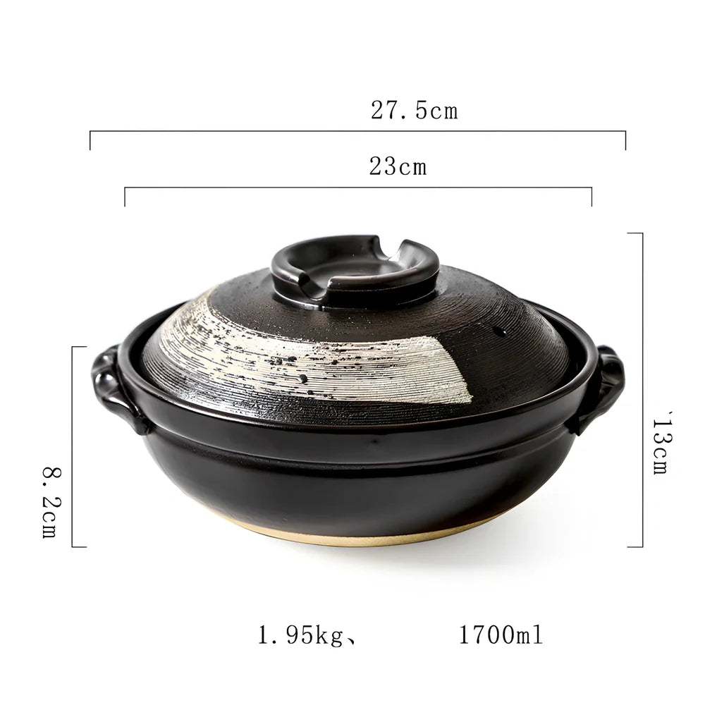 Korean ceramic stew pot with air hole lid showing 8cm depth and gas stove compatible base