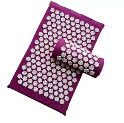 Acupuncture yoga cushion and pillow set with 210 pins for muscle relief, available in multiple colors.