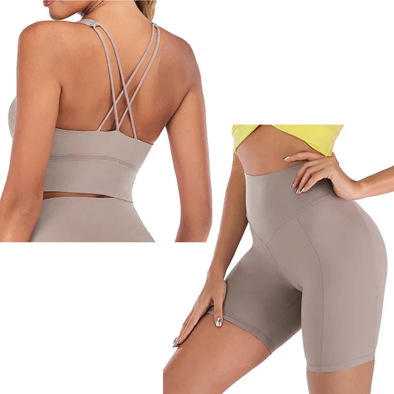 Women's yoga outfit set with chest pad, glossy nylon spandex, no steel ring, green or purple gray, sizes S-L.