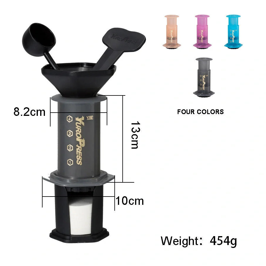 French Press Coffee Maker in gray, pink, blue, and orange with silicone and food-grade plastic construction