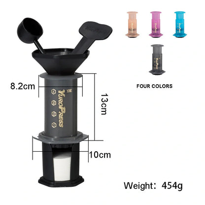 French Press Coffee Maker in gray, pink, blue, and orange with silicone and food-grade plastic construction