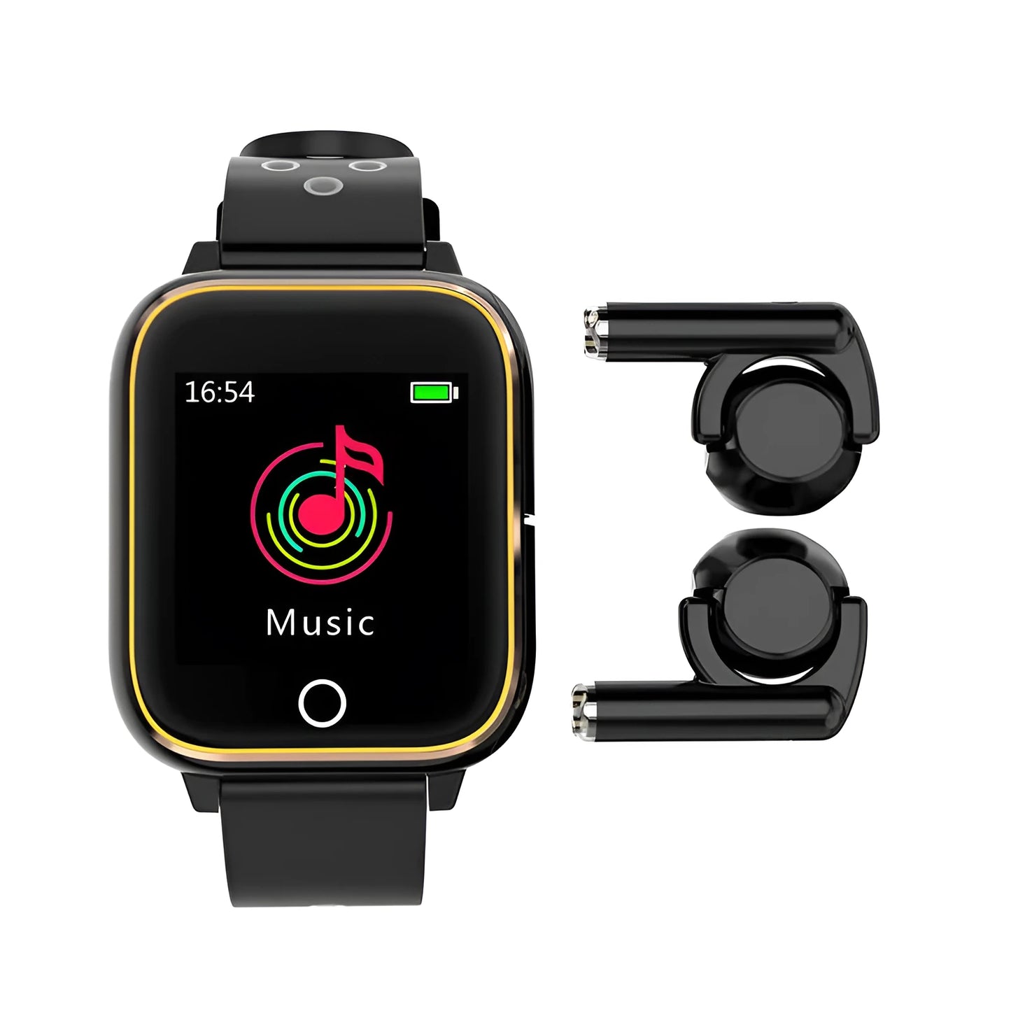 Black smartwatch with integrated Bluetooth earbuds showing a 1.4-inch display with fitness metrics.