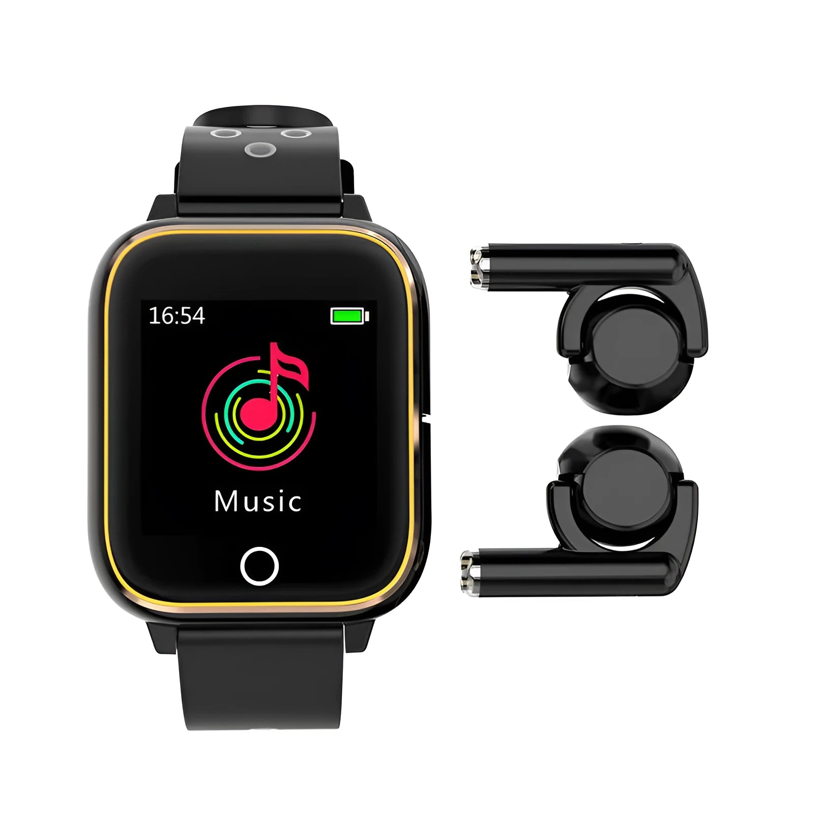 Black smartwatch with integrated Bluetooth earbuds showing a 1.4-inch display with fitness metrics.