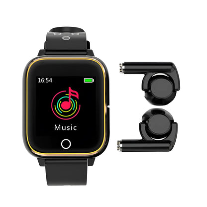Black smartwatch with integrated Bluetooth earbuds showing a 1.4-inch display with fitness metrics.