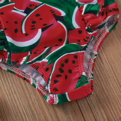 Printed sleeve one-piece girls swimsuit in Red or Yellow, Polyester, sizes 80-120cm