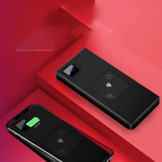 Silver alloy power bank with LCD screen showing battery percentage, next to a smartphone.
