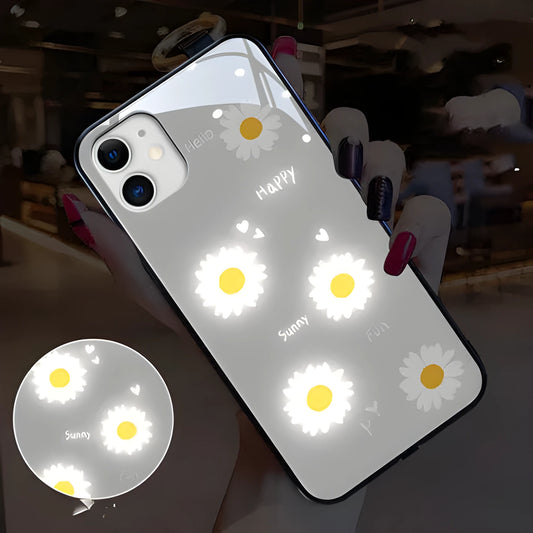 White luminous iPhone case with purple daisy design showing voice-activated colour light illumination around edges