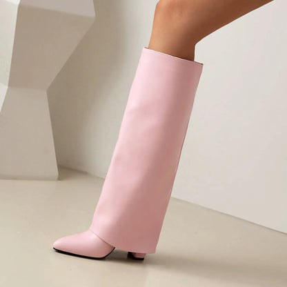 Women's plus size black high heel boot with high shaft and sewing line detailing on artificial PU material.
