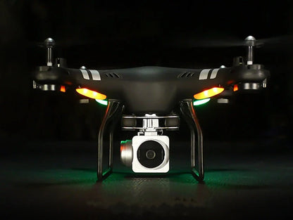 X52 UAV drone with protective frame in black colour, showing camera and bright night light