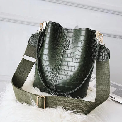Retro bucket bag in black, coffee, or green with adjustable strap and spacious interior