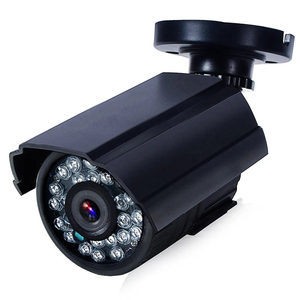 AHD HD waterproof surveillance camera with black ABS plastic shell, fixed lens, and infrared night vision for 30m range