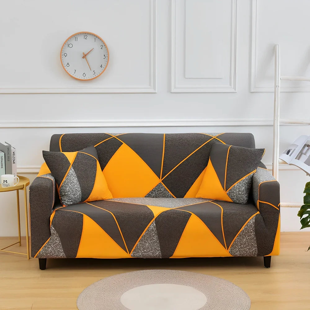 Elastic sofa cover with stripe pattern stretched over 3-seat sofa in living room setting