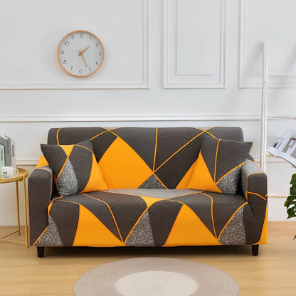 Elastic sofa cover with stripe pattern stretched over 3-seat sofa in living room setting