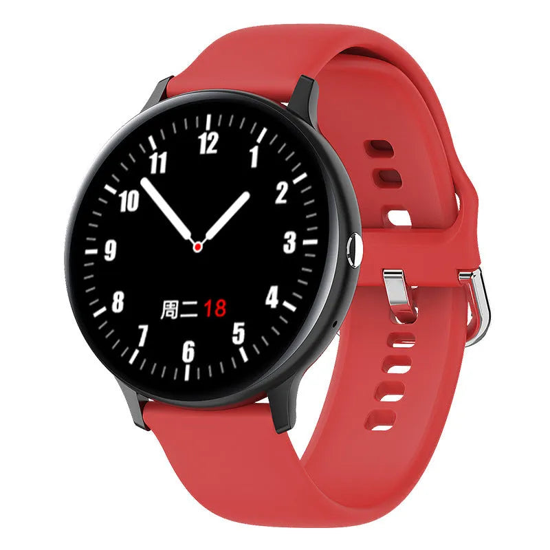 Black smart bracelet watch with touch screen displaying heart rate, on a wrist.