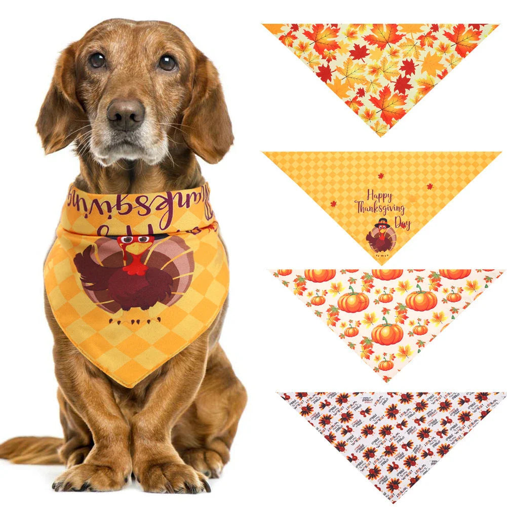 Cozy Thanksgiving-themed pet collar made of absorbent cloth material to catch drool and prevent messes during the holiday festivities.