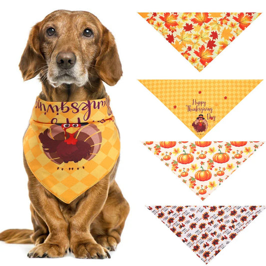 Cozy Thanksgiving-themed pet collar made of absorbent cloth material to catch drool and prevent messes during the holiday festivities.