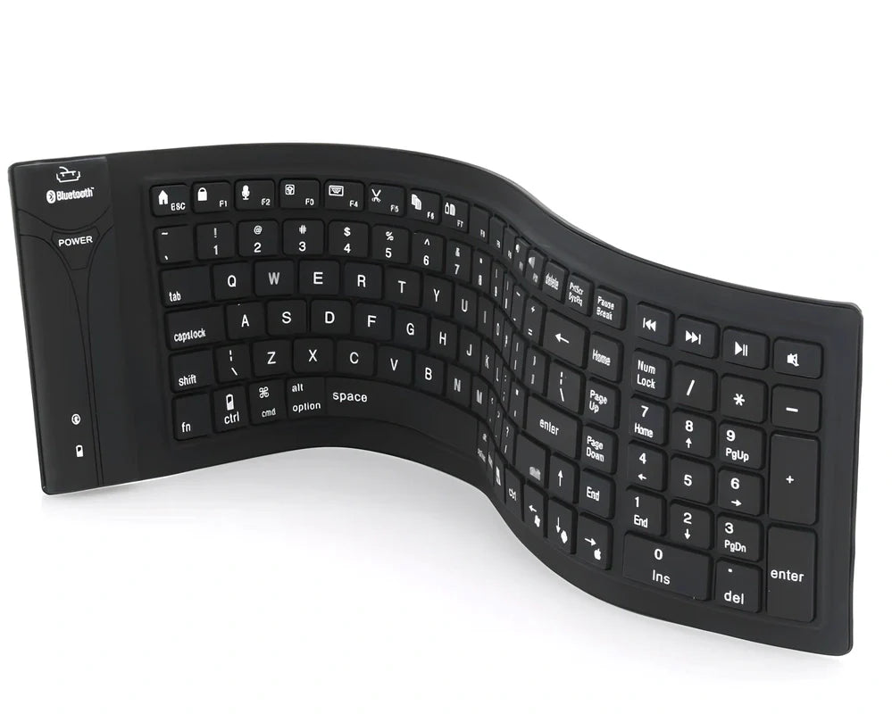 Black foldable silicone Bluetooth keyboard showing compact 105mm folded width and full 108-key layout