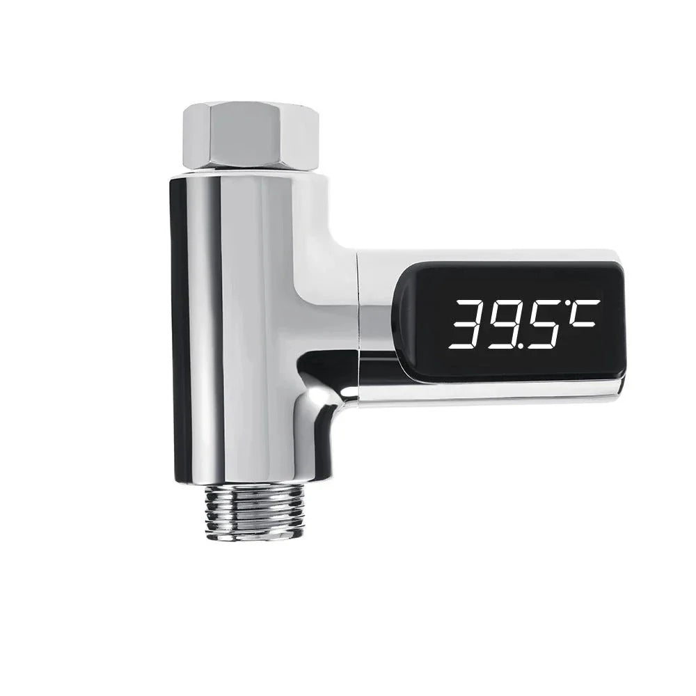 Premium digital shower thermometer with LED display, temperature control range, and sleek modern design