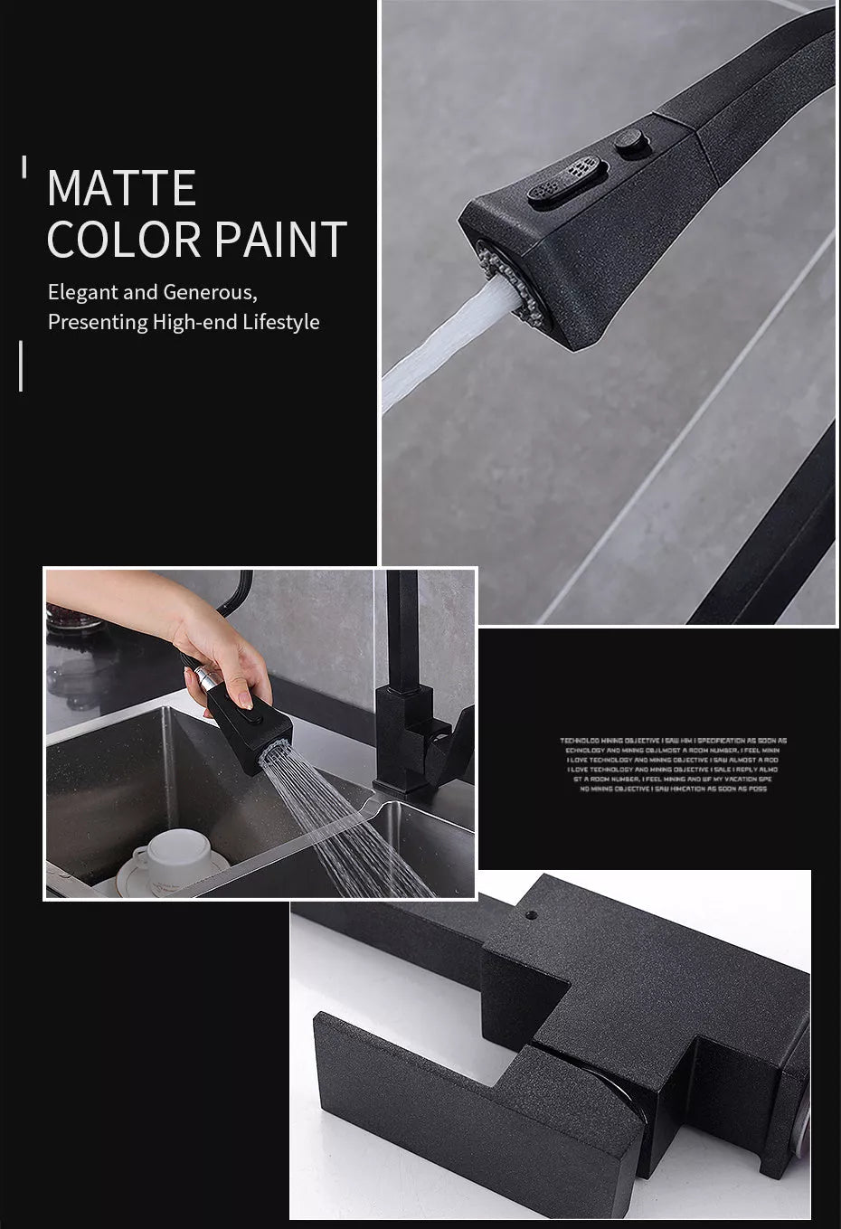 Stretchable black copper kitchen faucet with double outlet mode