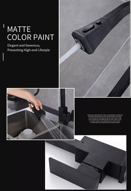 Stretchable black copper kitchen faucet with double outlet mode