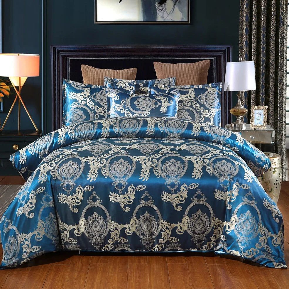 Polyester bedding set with Jacquard weave pattern in multiple colour options showing quilt cover and pillowcases