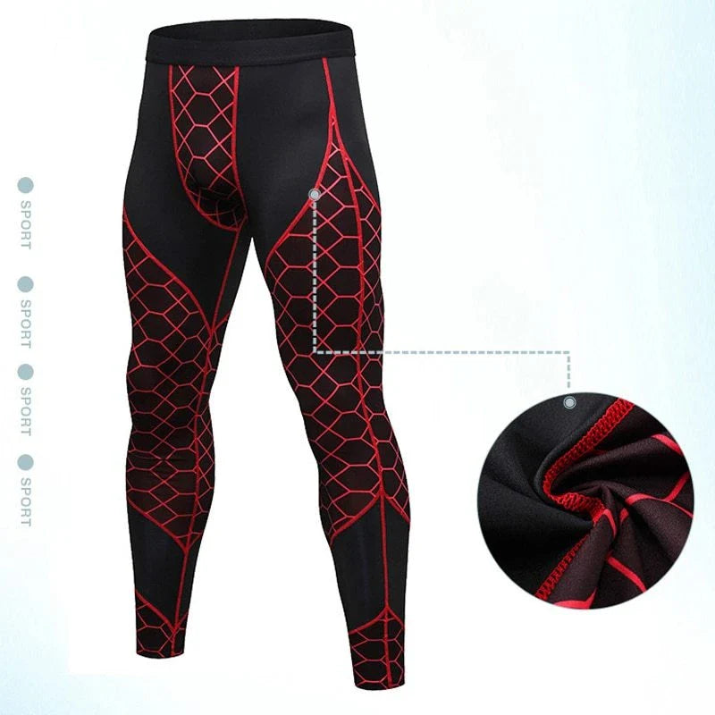 Men's compression athletic wear set with grid pattern, including long-sleeve top and fitted pants in various colors