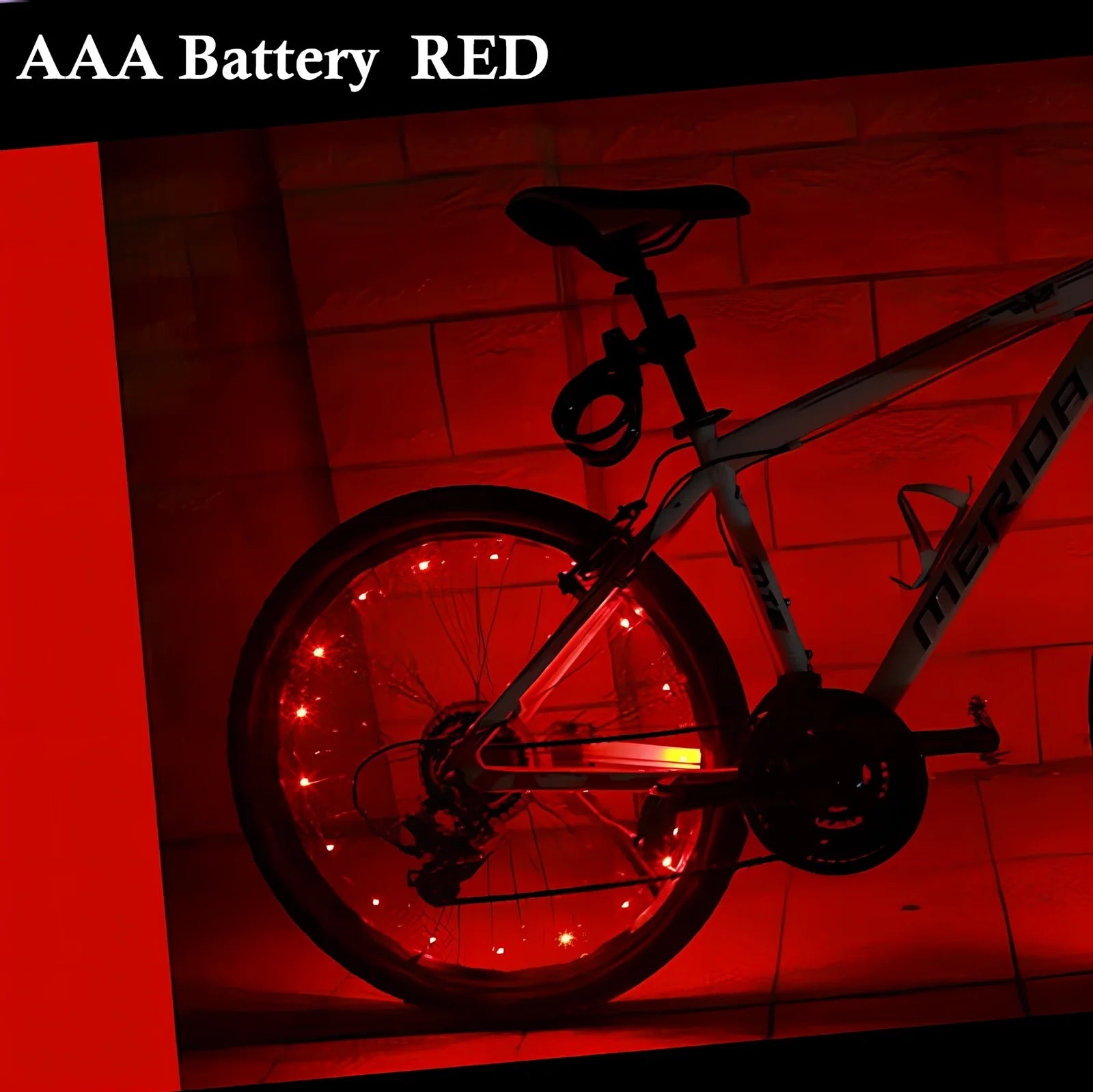 Mountain bike spoke light with 2200mm LED strip and 35mm black housing between spokes